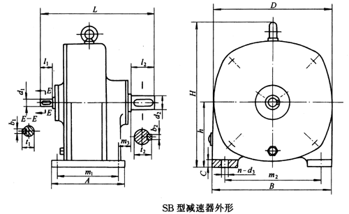 SB系列雙擺線針輪減速機外形及安裝尺寸、針齒中心圓直徑及傳動比